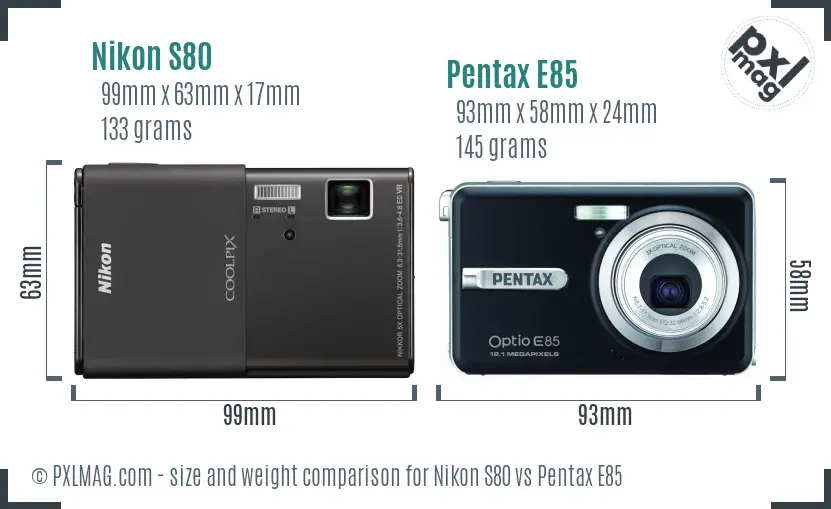 Nikon S80 vs Pentax E85 size comparison