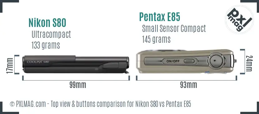 Nikon S80 vs Pentax E85 top view buttons comparison