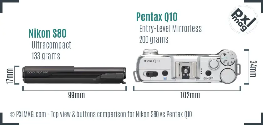 Nikon S80 vs Pentax Q10 top view buttons comparison