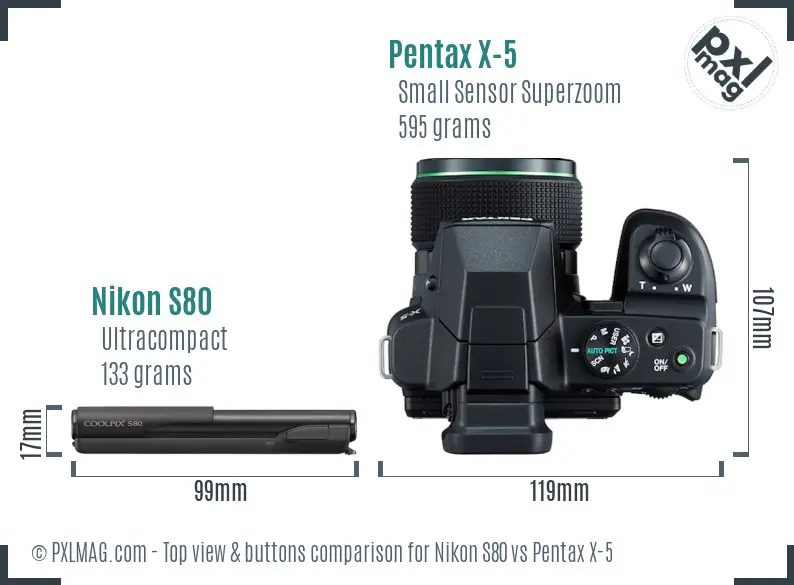 Nikon S80 vs Pentax X-5 top view buttons comparison
