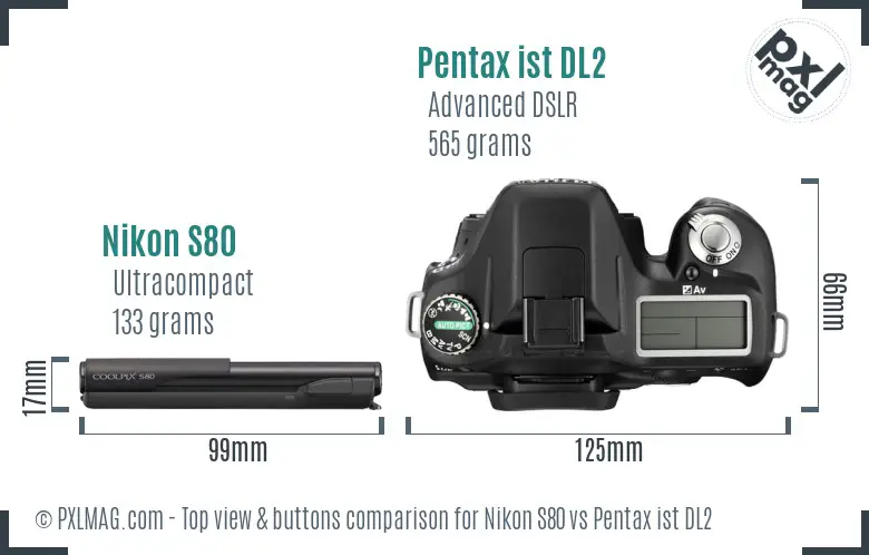 Nikon S80 vs Pentax ist DL2 top view buttons comparison