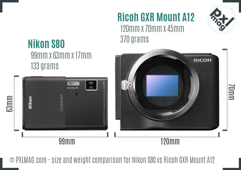 Nikon S80 vs Ricoh GXR Mount A12 size comparison