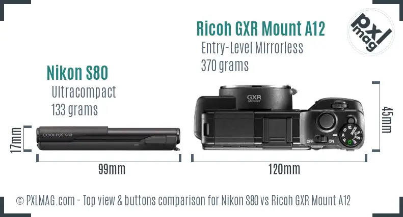 Nikon S80 vs Ricoh GXR Mount A12 top view buttons comparison