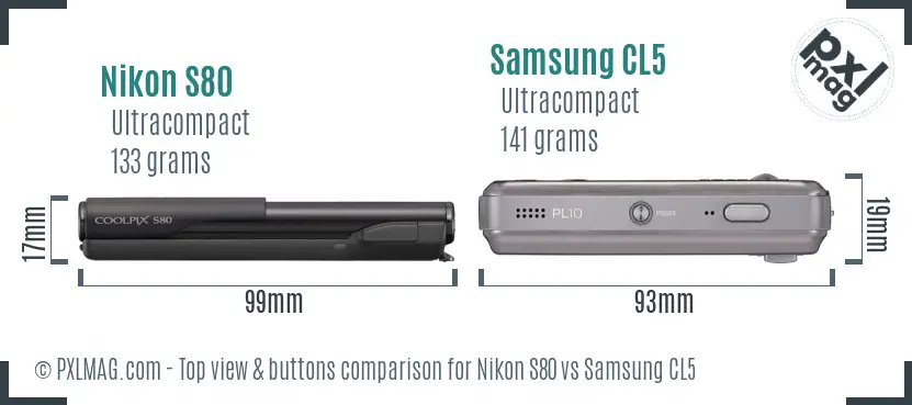 Nikon S80 vs Samsung CL5 top view buttons comparison