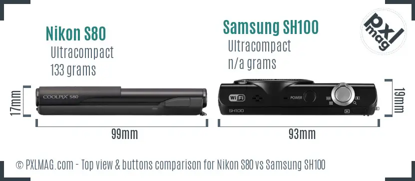 Nikon S80 vs Samsung SH100 top view buttons comparison