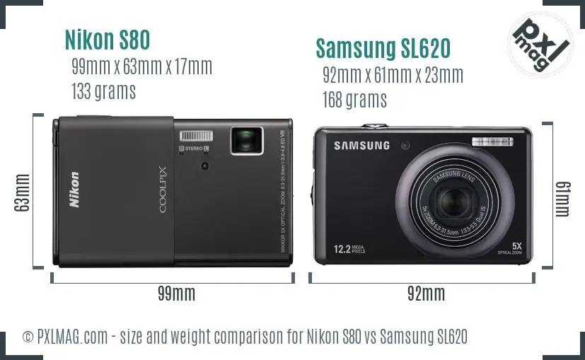 Nikon S80 vs Samsung SL620 size comparison