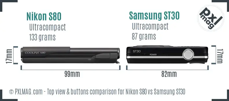 Nikon S80 vs Samsung ST30 top view buttons comparison
