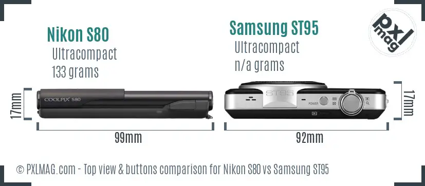 Nikon S80 vs Samsung ST95 top view buttons comparison Nikon S80 vs Samsung ST95 top view buttons comparison