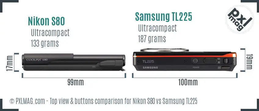 Nikon S80 vs Samsung TL225 top view buttons comparison Nikon S80 vs Samsung TL225 top view buttons comparison