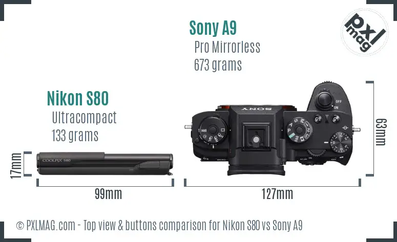 Nikon S80 vs Sony A9 top view buttons comparison