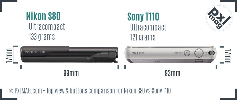 Nikon S80 vs Sony T110 top view buttons comparison