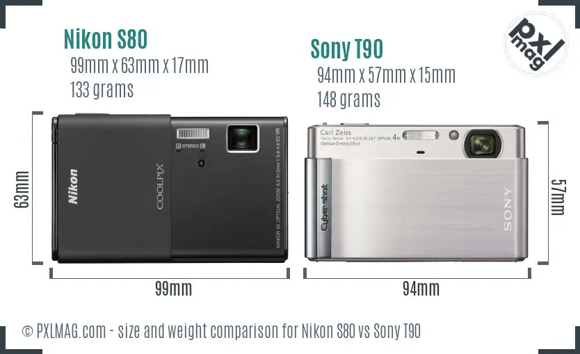 Nikon S80 vs Sony T90 size comparison