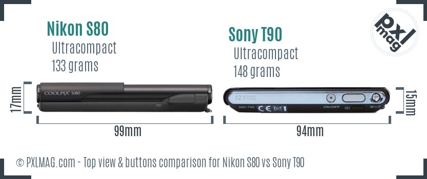 Nikon S80 vs Sony T90 top view buttons comparison