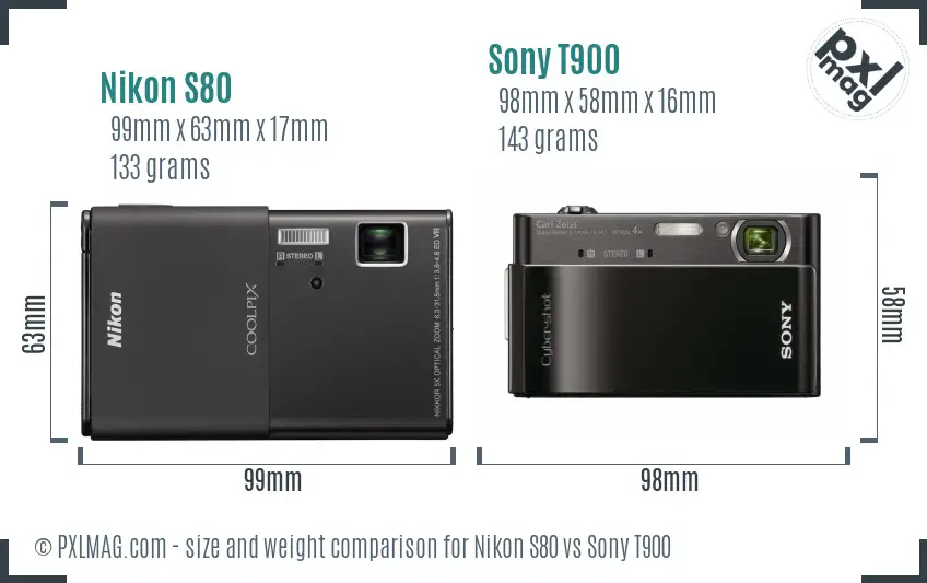 Nikon S80 vs Sony T900 size comparison