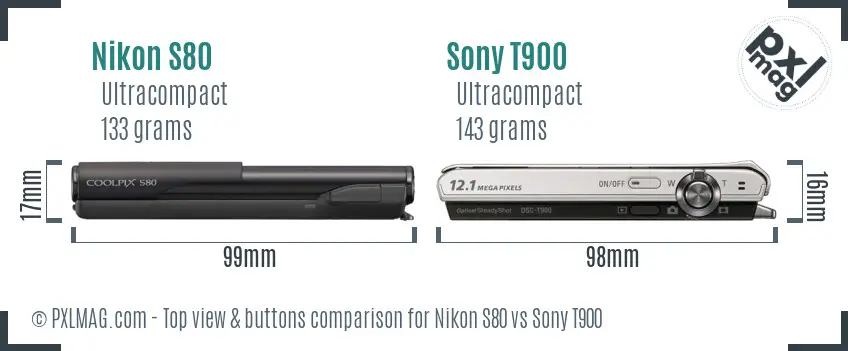 Nikon S80 vs Sony T900 top view buttons comparison