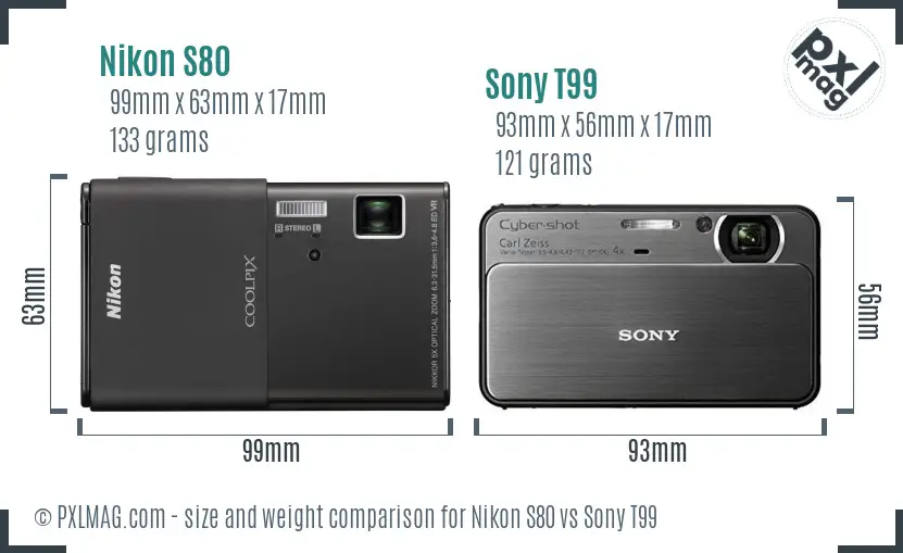 Nikon S80 vs Sony T99 size comparison