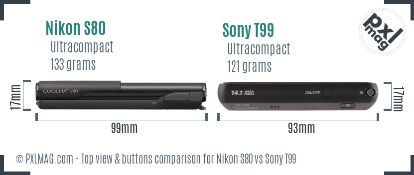 Nikon S80 vs Sony T99 top view buttons comparison