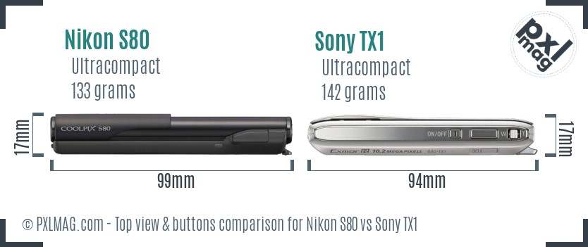 Nikon S80 vs Sony TX1 top view buttons comparison