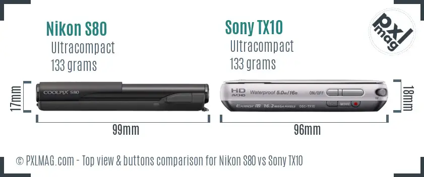 Nikon S80 vs Sony TX10 top view buttons comparison