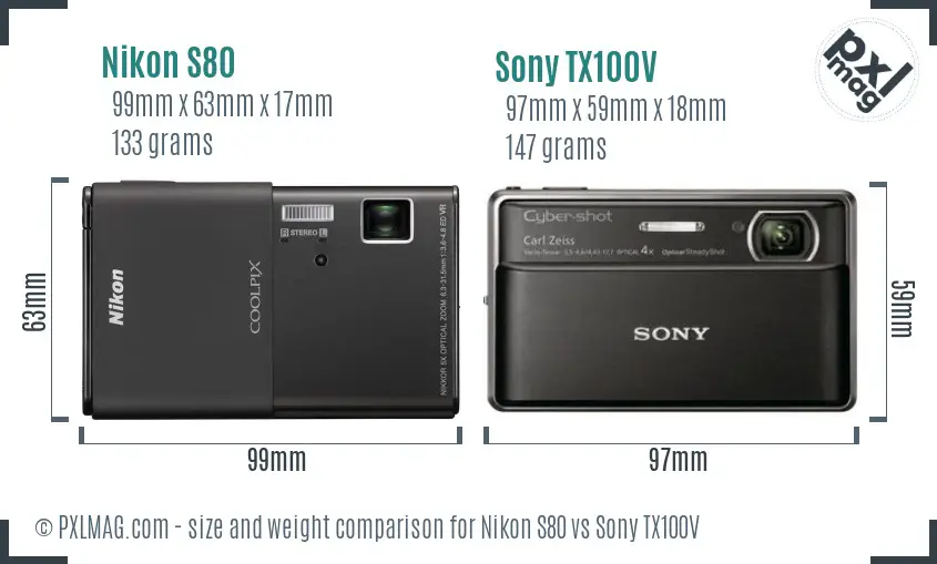 Nikon S80 vs Sony TX100V size comparison