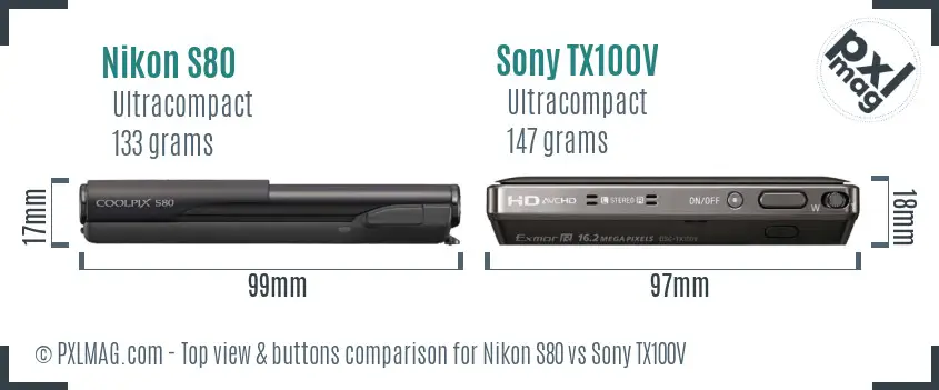 Nikon S80 vs Sony TX100V top view buttons comparison