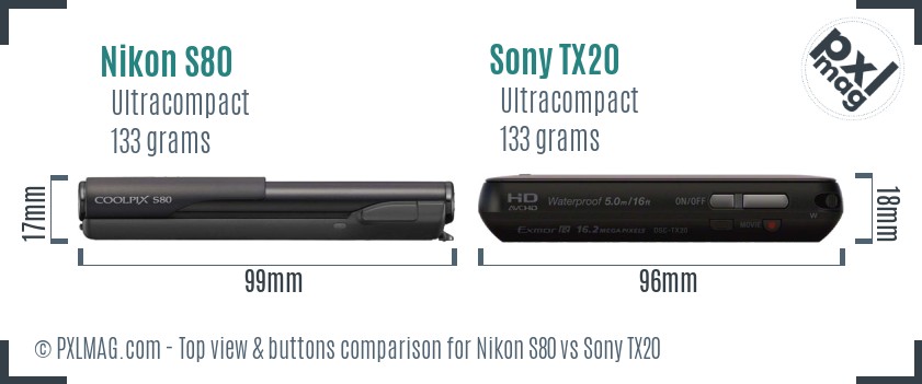 Nikon S80 vs Sony TX20 top view buttons comparison