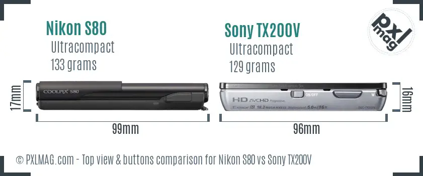 Nikon S80 vs Sony TX200V top view buttons comparison