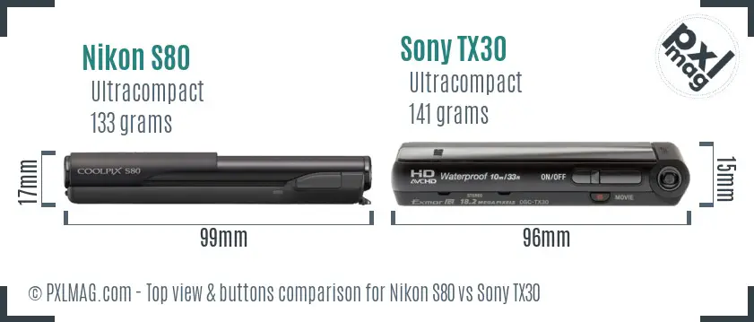 Nikon S80 vs Sony TX30 top view buttons comparison