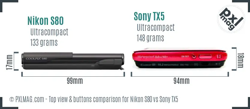 Nikon S80 vs Sony TX5 top view buttons comparison