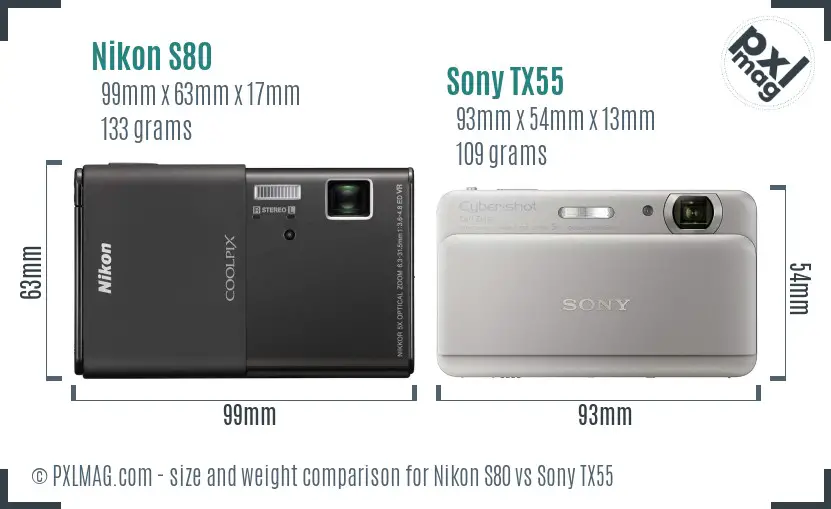 Nikon S80 vs Sony TX55 size comparison