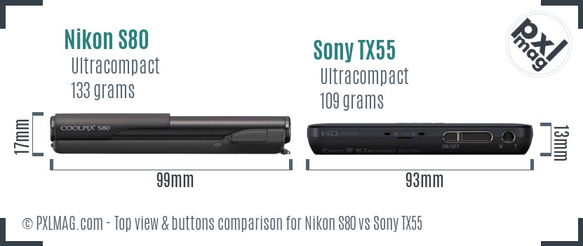 Nikon S80 vs Sony TX55 top view buttons comparison