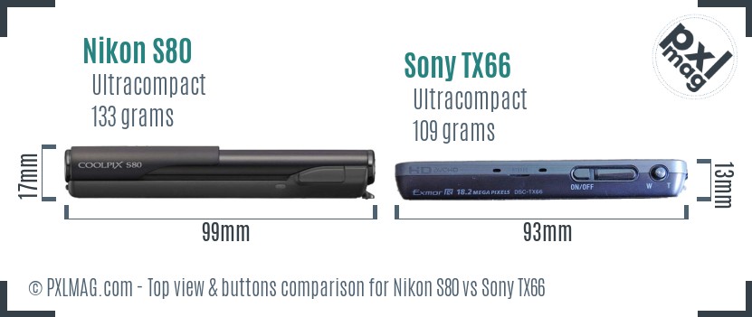 Nikon S80 vs Sony TX66 top view buttons comparison