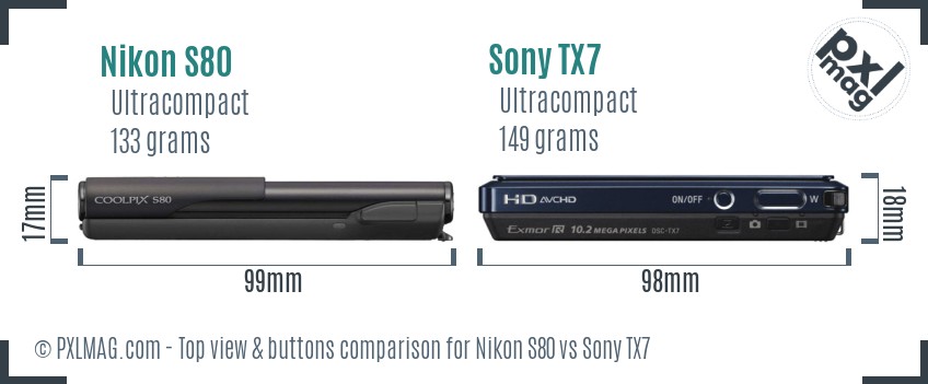 Nikon S80 vs Sony TX7 top view buttons comparison