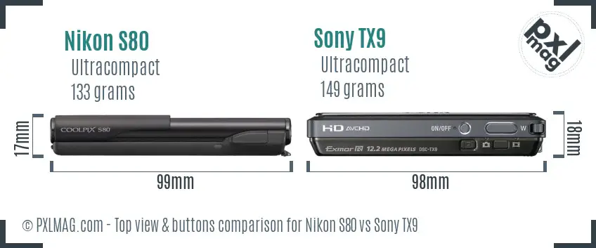Nikon S80 vs Sony TX9 top view buttons comparison
