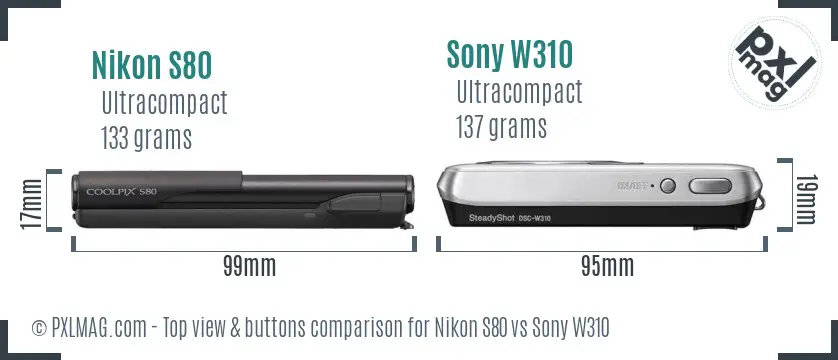 Nikon S80 vs Sony W310 top view buttons comparison Nikon S80 vs Sony W310 top view buttons comparison