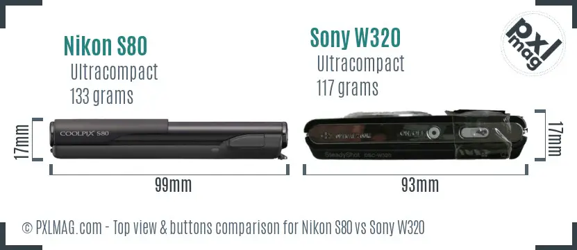 Nikon S80 vs Sony W320 top view buttons comparison