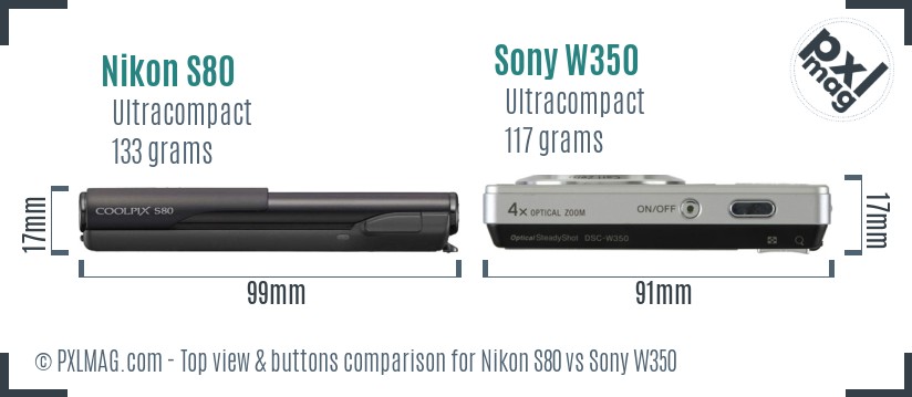 Nikon S80 vs Sony W350 top view buttons comparison