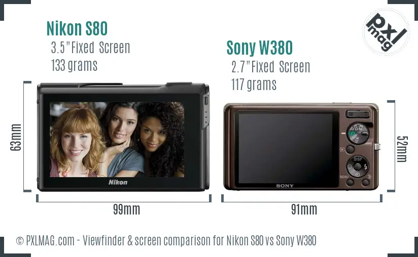 Nikon S80 vs Sony W380 Screen and Viewfinder comparison