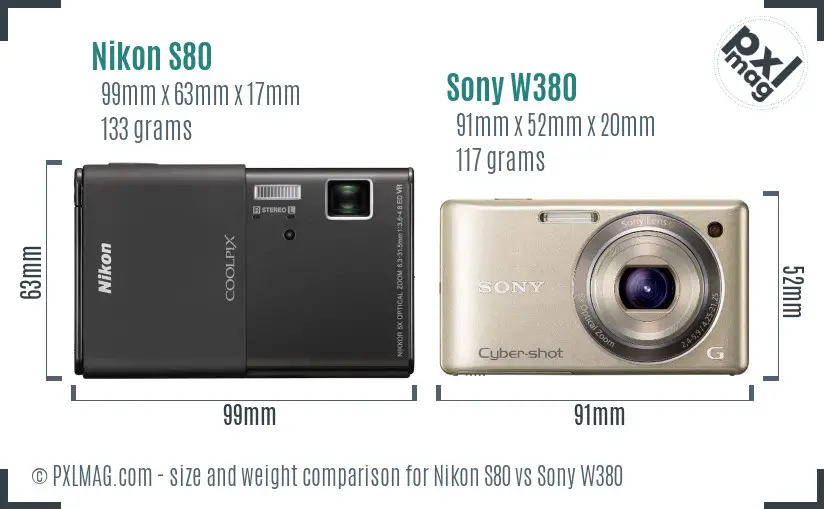 Nikon S80 vs Sony W380 size comparison