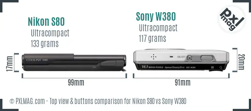 Nikon S80 vs Sony W380 top view buttons comparison
