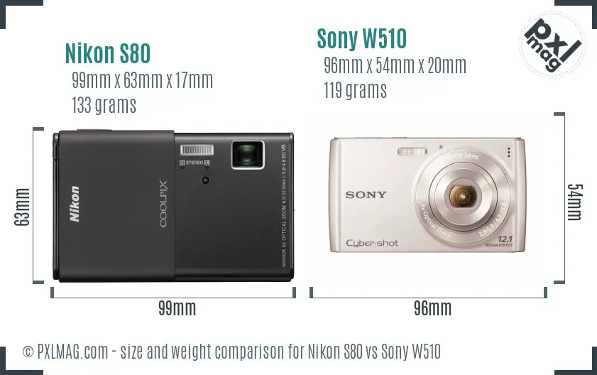 Nikon S80 vs Sony W510 size comparison