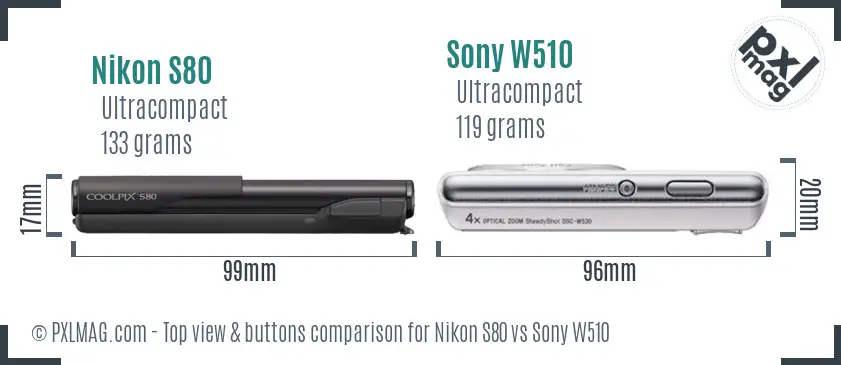 Nikon S80 vs Sony W510 top view buttons comparison