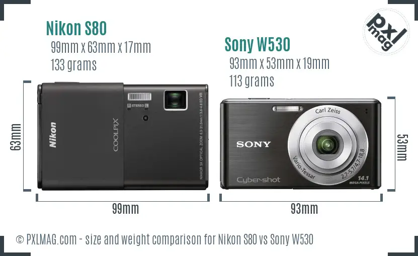 Nikon S80 vs Sony W530 size comparison