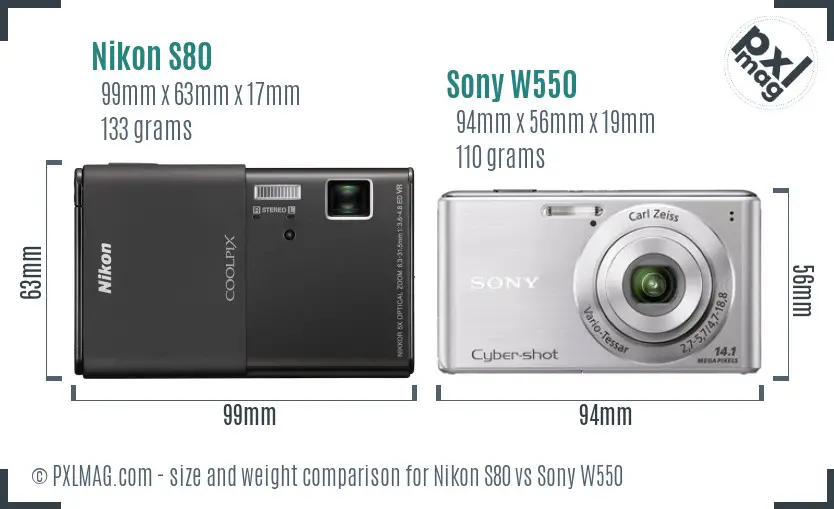Nikon S80 vs Sony W550 size comparison