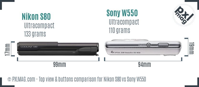 Nikon S80 vs Sony W550 top view buttons comparison