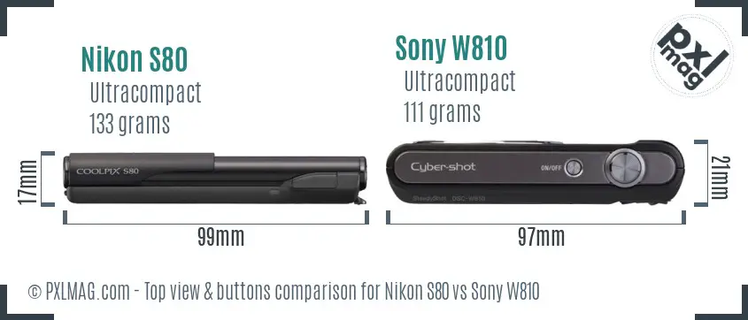 Nikon S80 vs Sony W810 top view buttons comparison