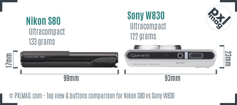 Nikon S80 vs Sony W830 top view buttons comparison