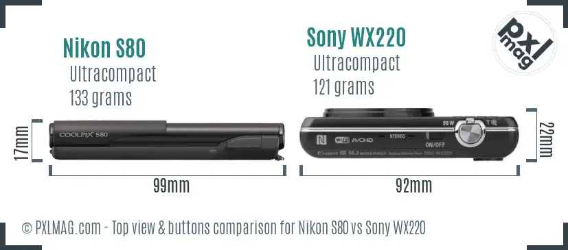Nikon S80 vs Sony WX220 top view buttons comparison