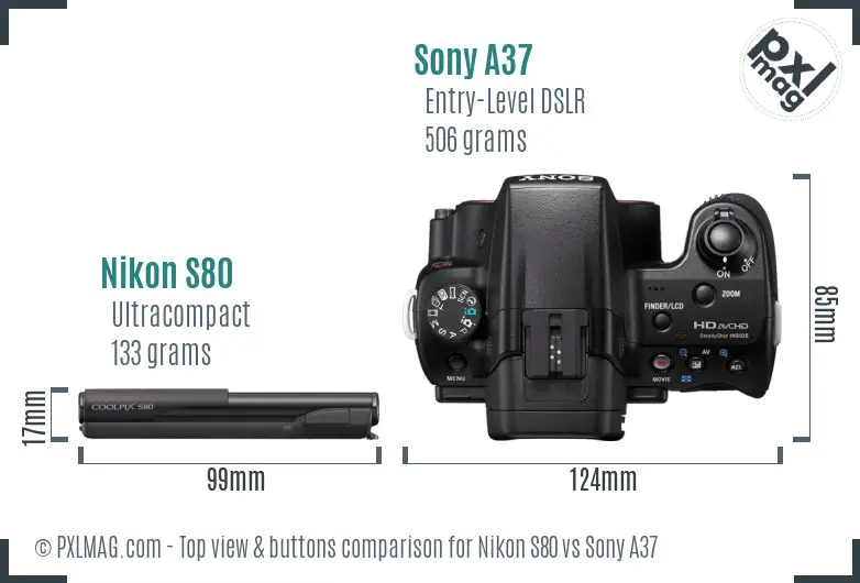 Nikon S80 vs Sony A37 top view buttons comparison