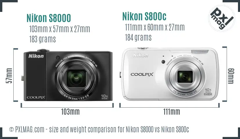 Nikon S8000 vs Nikon S800c size comparison
